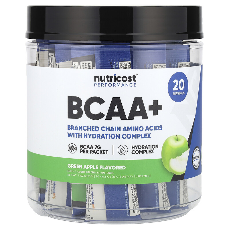 

Nutricost, Performance, BCAA +, зеленое яблоко, 20 пакетиков по 13 г (0,5 унции)
