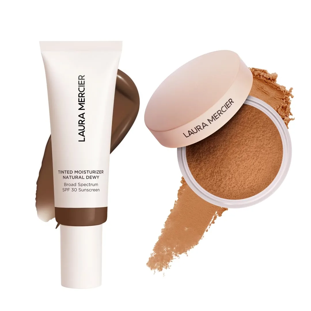 Laura Mercier тонирующий увлажняющий крем Natural Dewy с SPF 30, 24-часовая гидратация, оттенок 6N Umber и рассыпчатая пудра Translucent Loose Talc-Free Setting Powder Ultra-Blur с гиалуроновой кислотой, оттенок Medium Deep, набор