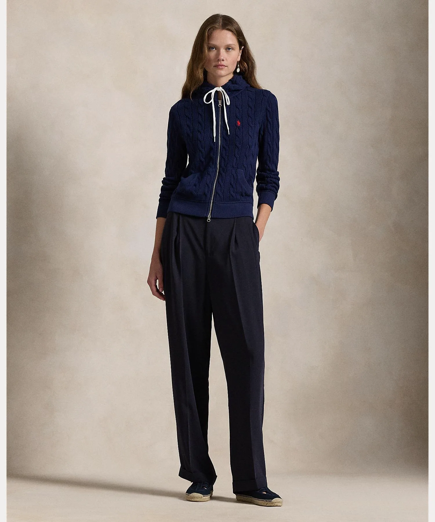 Хлопковая толстовка с капюшоном на молнии, связанная косами. Polo Ralph Lauren, 410 Navy — фото 2