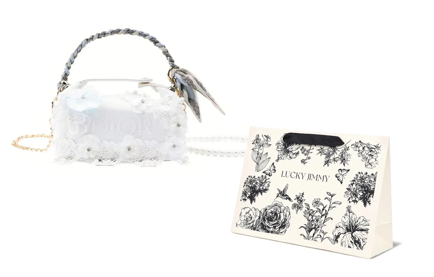 DIOR Custom Makeup Bag Silver Vine Whisper, Colored Glaze Butterfly Dream, Noble, Star Gauze Flower Basket, Elegant, Silver Vine Whisper (Shopping Bag)