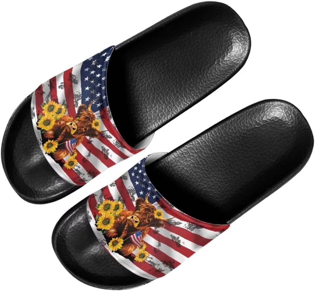 

Унисекс тапочки для душа Mumeson с открытым носком, нескользящие, плоские, домашние, для женщин и мужчин, размеры США 5-11, Cow American Flag