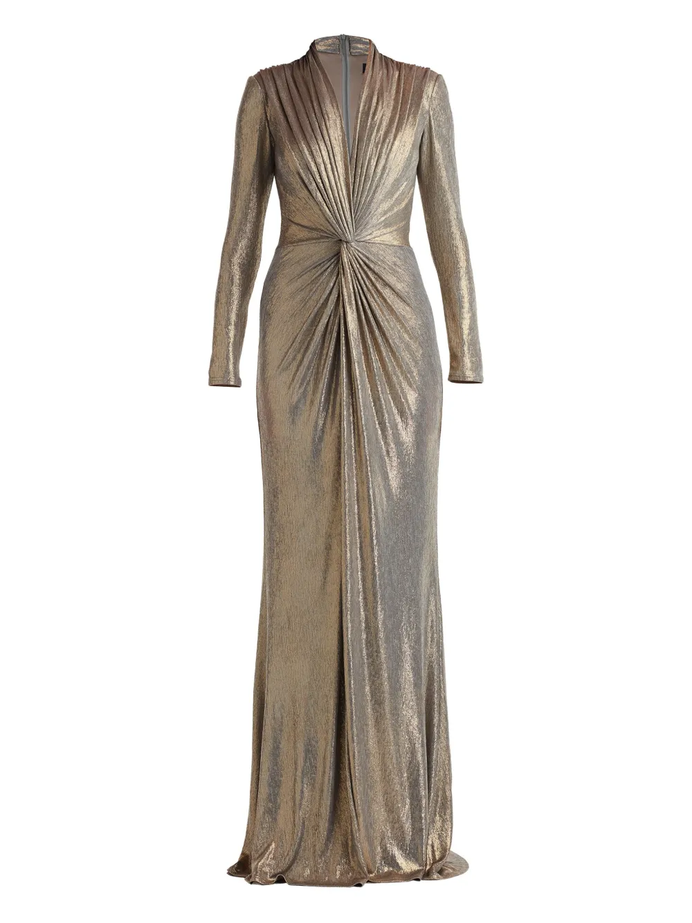 

Плиссированное макси-платье с узлом спереди Tadashi Shoji, золотой