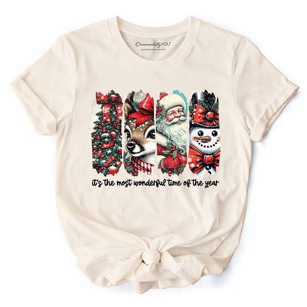 

Футболка It's most wonderful time of the year с оленем, Сантой и снеговиком в винтажном стиле для Рождества Ornamentallyyou, Natural
