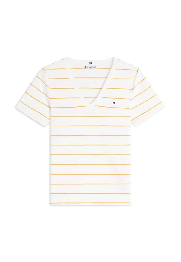 Футболка с v-образным вырезом в рубчик, приталенного кроя, с принтом. Tommy Hilfiger, Fine Ecru/Orange Flash — фото 4