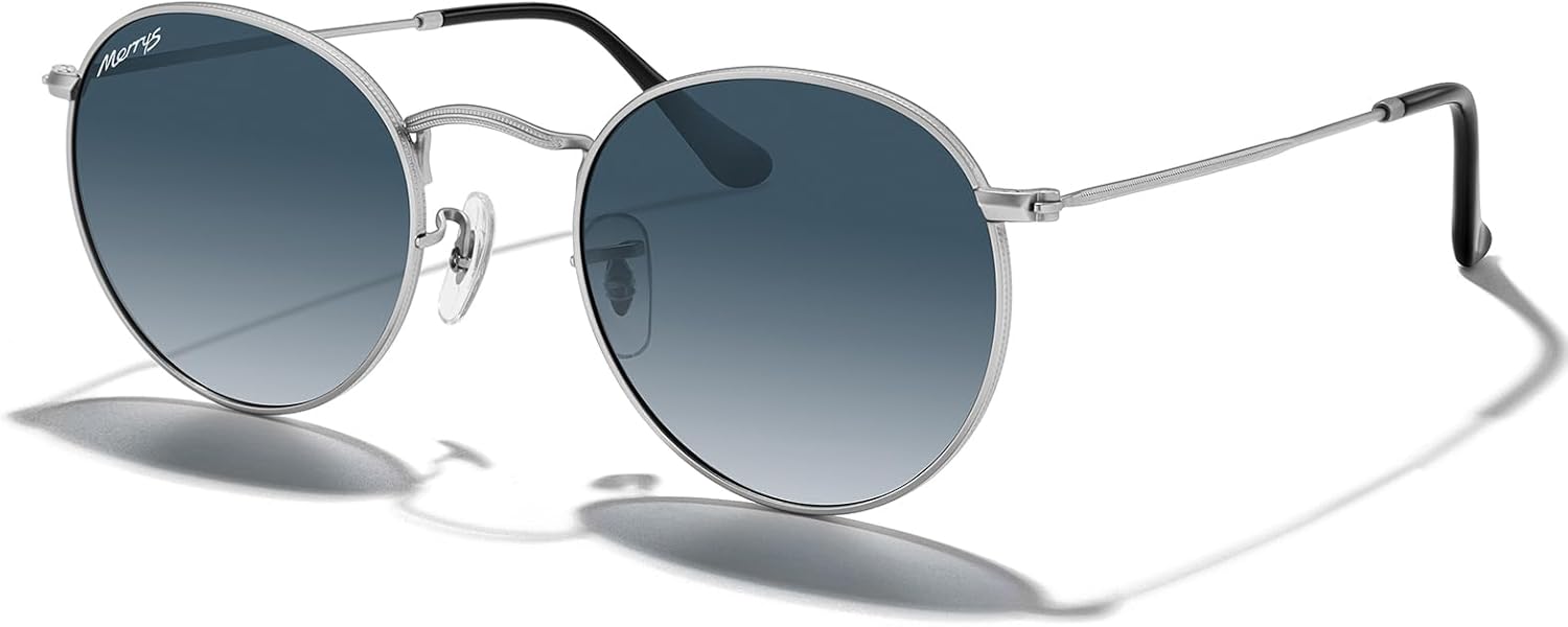 

Модные круглые металлические поляризованные солнцезащитные очки MERRY для женщин и мужчин в стиле ретро, ​​классика и винтаж, модель S6447 MERRY'S, Matte Chrome Frame/Blue Gradient Lens
