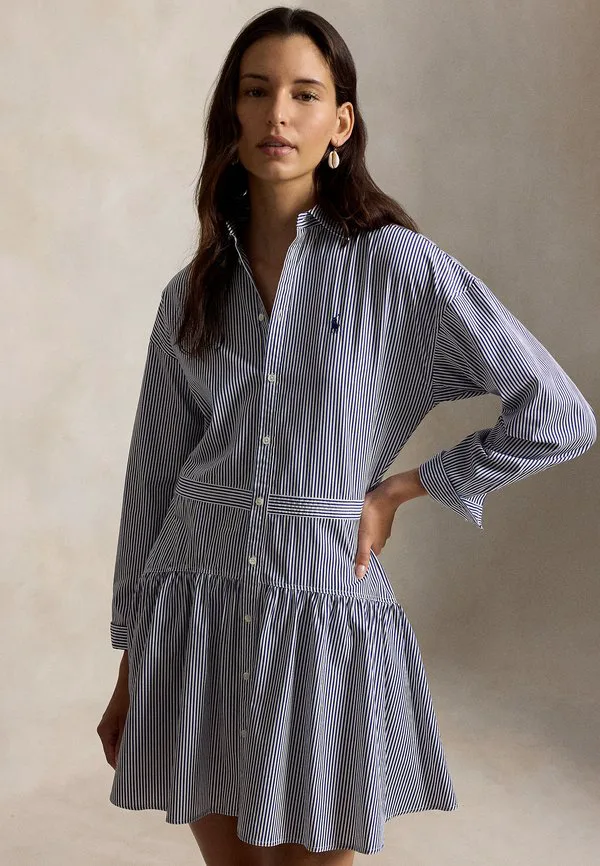 Платье-Рубашка из полосатого хлопкового поплина с вставками Polo Ralph Lauren, White/Fall Royal