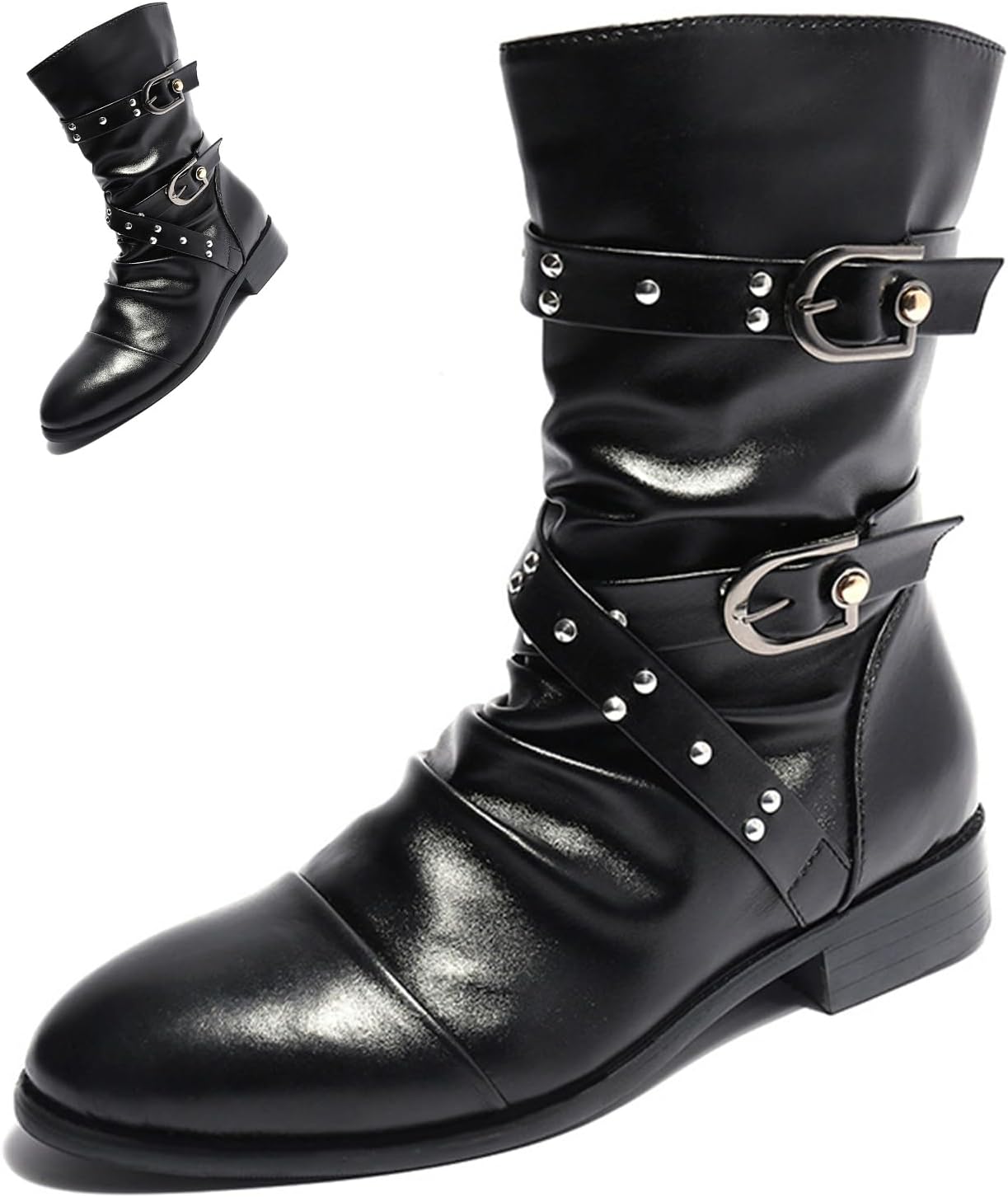 

Мужские кожаные ботинки NXNBHSL с заостренным носком, чукка, с двумя пряжками, модные, удобные, с боковой молнией, низким квадратным каблуком, мотоциклетного стиля, для свадьбы, офиса, работы и повседневной носки, черный