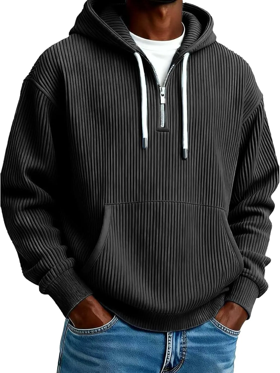 

Мужской худи с вертикальными полосками, 1/4 молнии, plus size