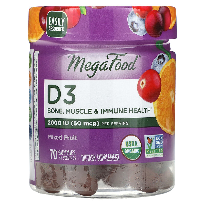 

MegaFood, D3, фруктовое ассорти, 50 мкг (2000 МЕ), 70 жевательных таблеток (25 мкг (1000 МЕ) в 1 жевательной таблетке)