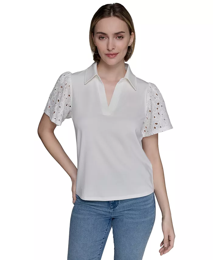 

Женский топ из смесовой ткани с ажурной вязкой Eyelet Knit KARL LAGERFELD PARIS, белый