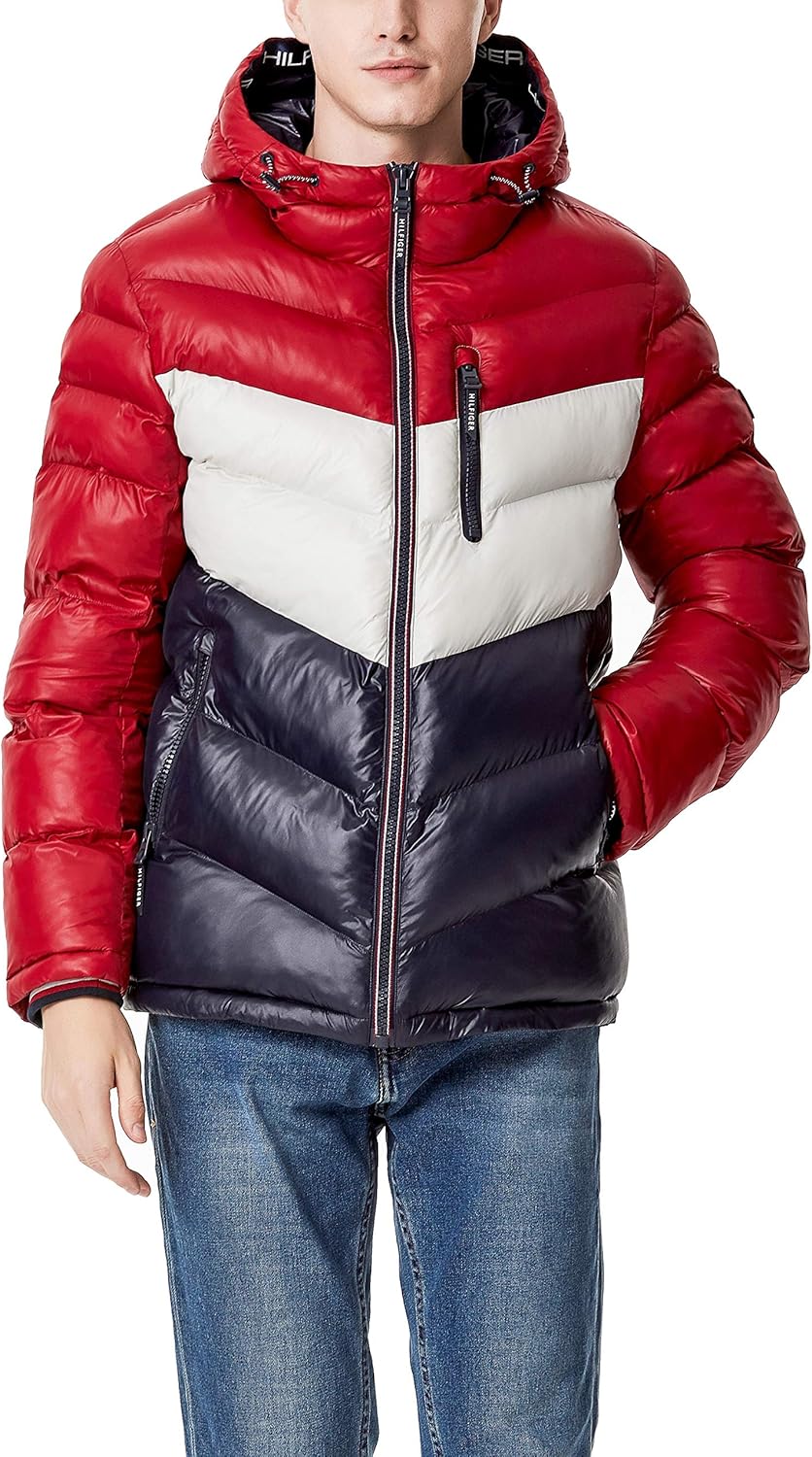 Мужская стеганая куртка Tommy Hilfiger средней толщины с капюшоном и шевронным узором, Red/Ice/Navy — фото 4