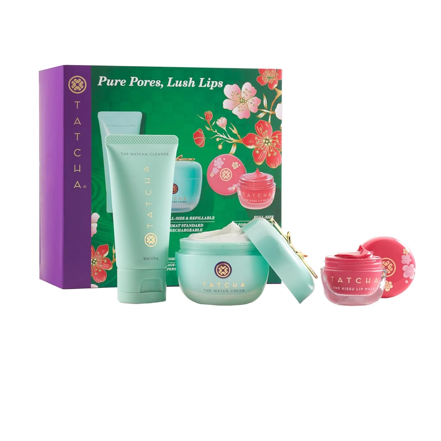 Набор TATCHA Pure Pores, Lush Lips | Очищающее средство Matcha, увлажняющий крем и лимитированная маска для губ Kissu: цвет сливы , pink