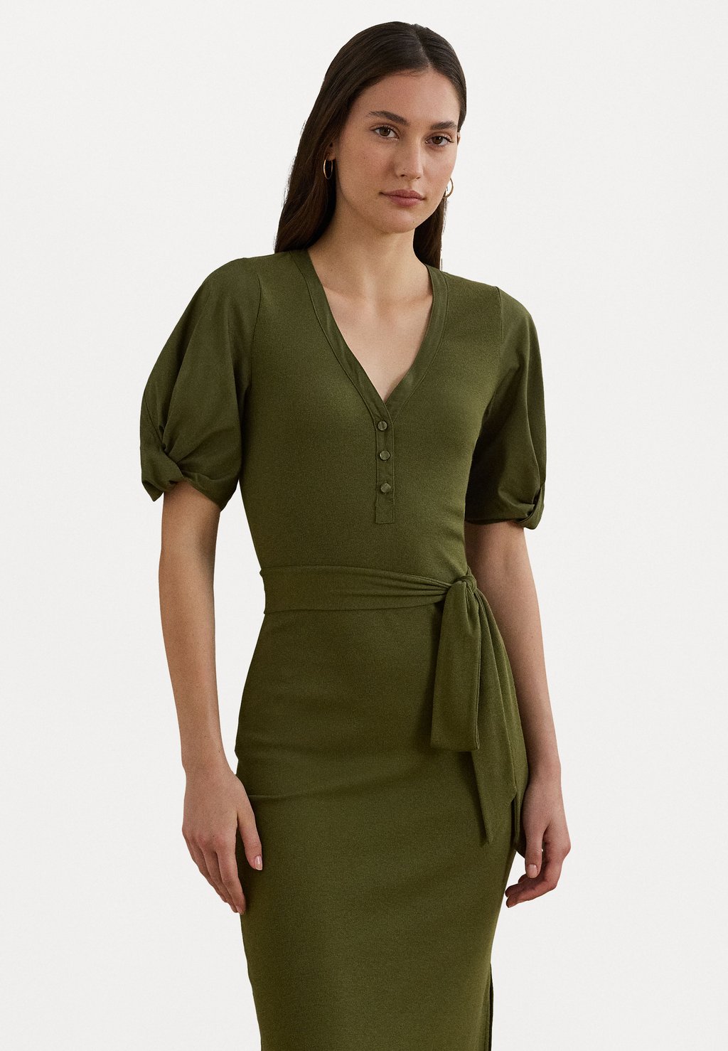 

Платье из джерси BELTED RIB KNIT PUFF SLEEVE DRESS Lauren Ralph Lauren, оливковый