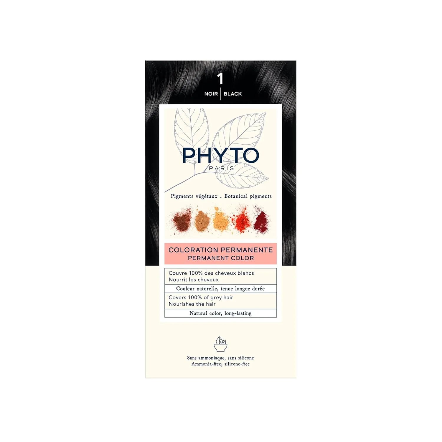 Стойкая краска для волос PHYTO Phytocolor с растительными пигментами, 100% закрашивание седых волос, без аммиака, без PPD, без резорцина, 0,42 унции. 11.91 г (1 шт.), 1 Black