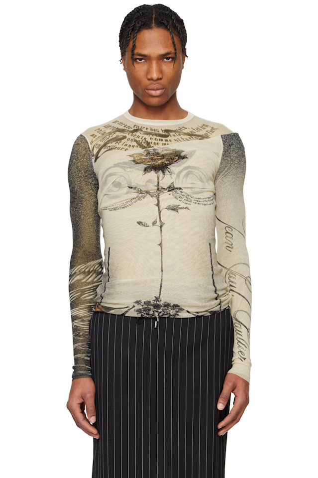 

Футболка с татуировкой розы и птицы Jean Paul Gaultier, экрю