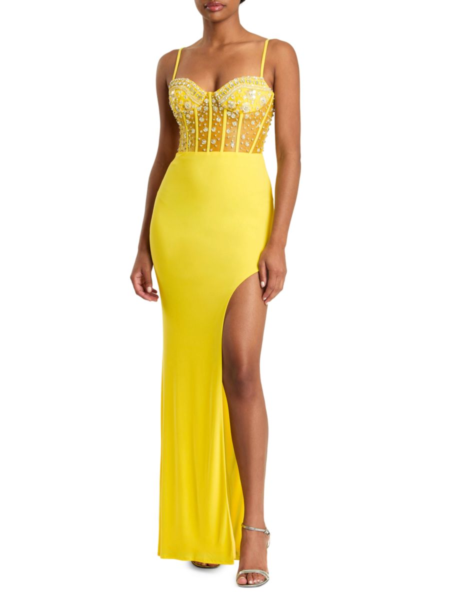 

Платье-колонна с высоким разрезом и декором Mac Duggal, цвет Lemon