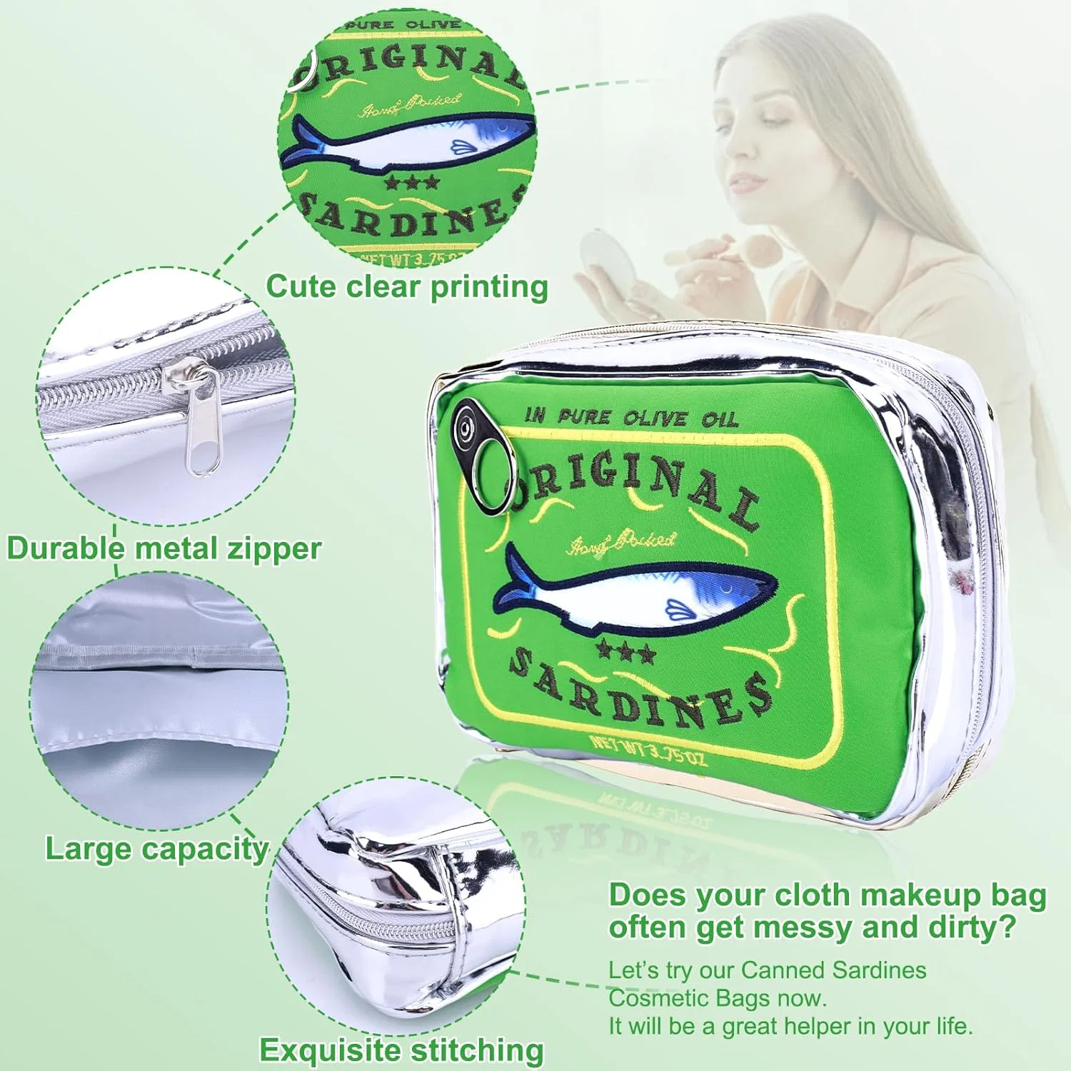 Косметичка-пенал «Сардина» из искусственной кожи Azuraokey, 1Pc Green — фото 4