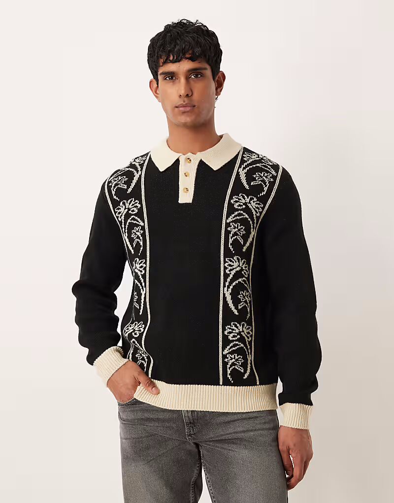 

Свободное трикотажное поло черного цвета с цветочным узором Asos Design