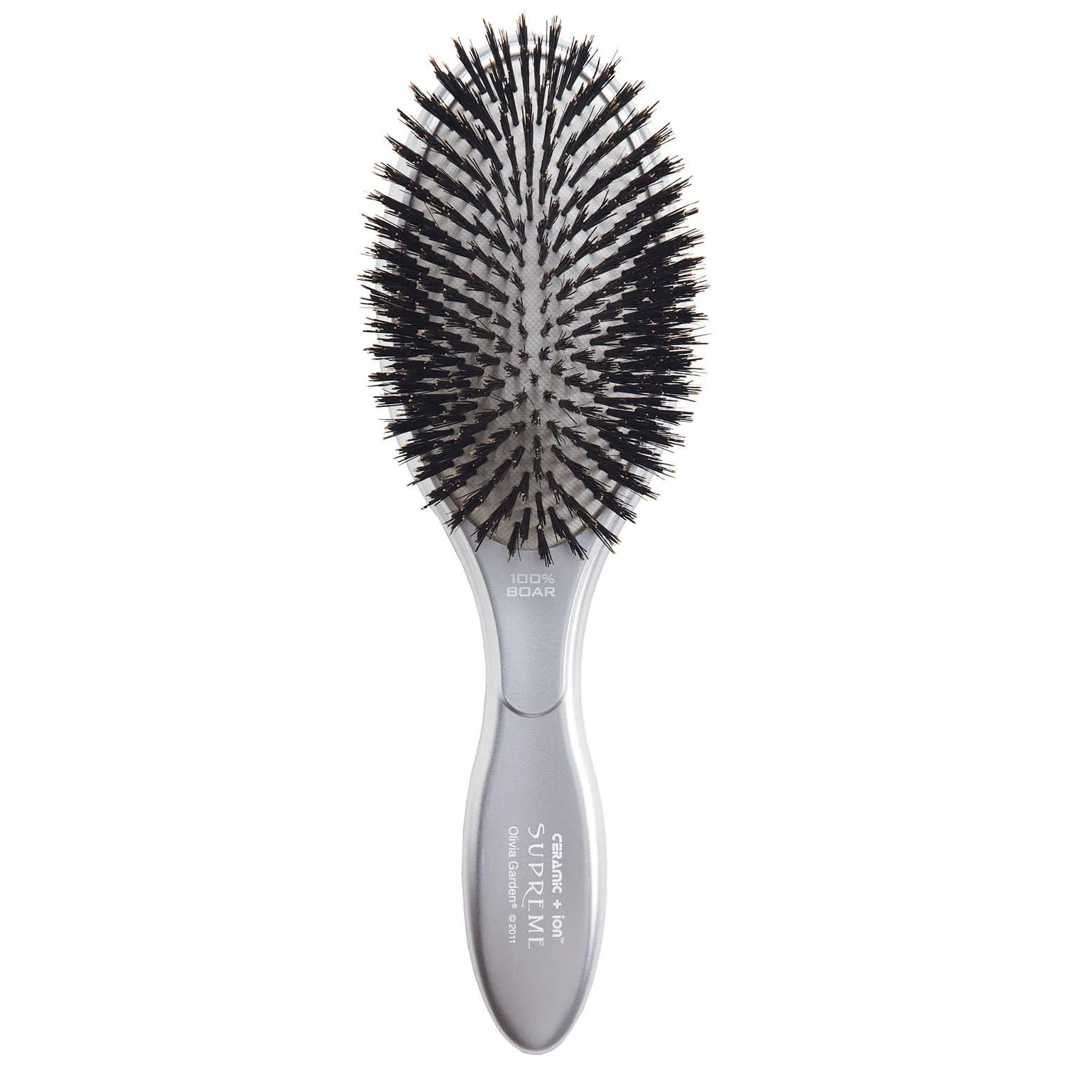 Расческа-щетка Olivia Garden Ceramic + Ion Supreme Styler Cushion Paddle Brush - на основе кабаньей щетины и ионов для блеска, контроля пушистости и разглаживания волос. 100% щетина кабана, Silver
