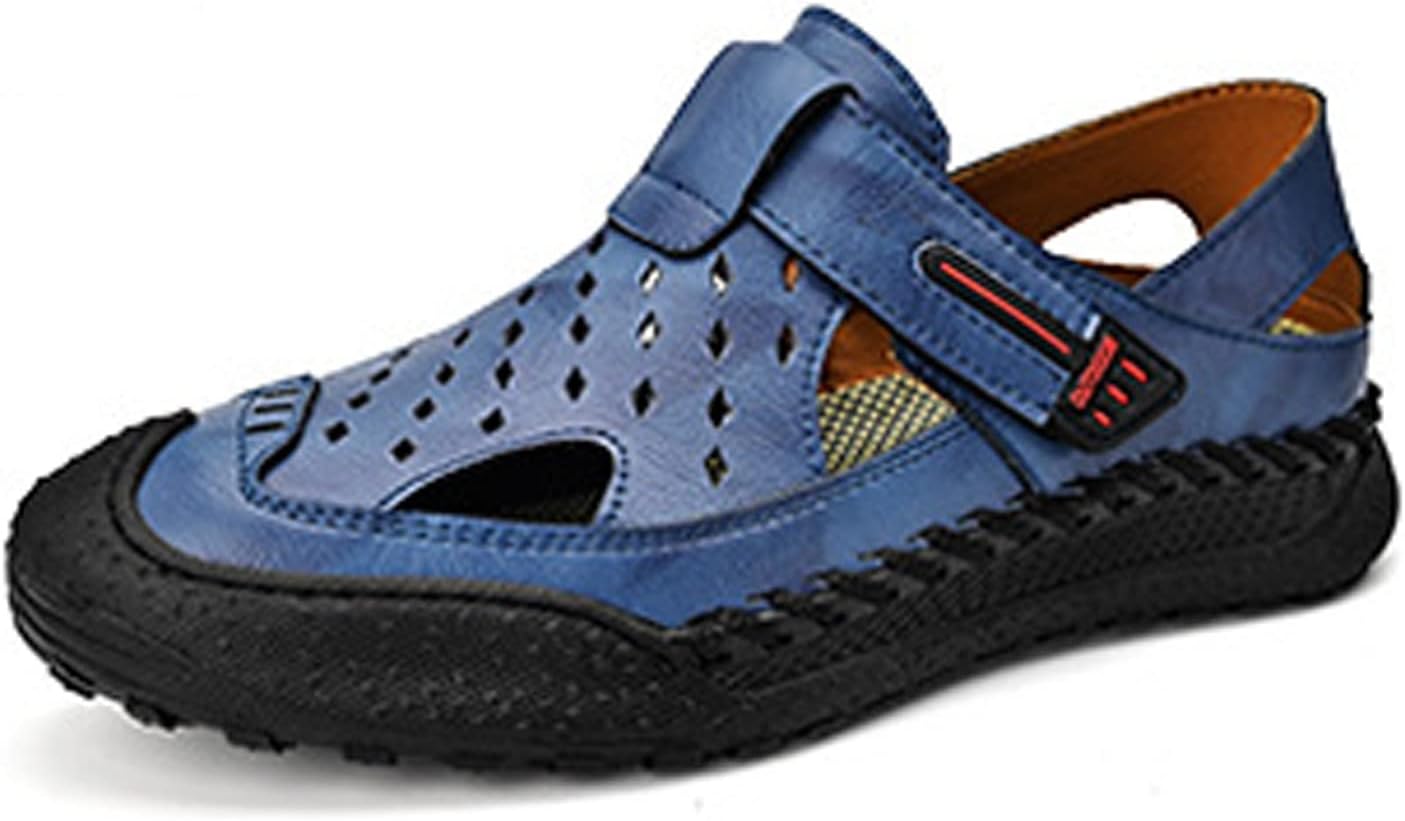 

Мужские сандалии Cubicbee с вырезами, нескользящие, кожаные с застежкой-липучкой, закрытым носком, мягкой подошвой, дышащие, повседневные для улицы, летние спортивные, пляжные и походные, синий