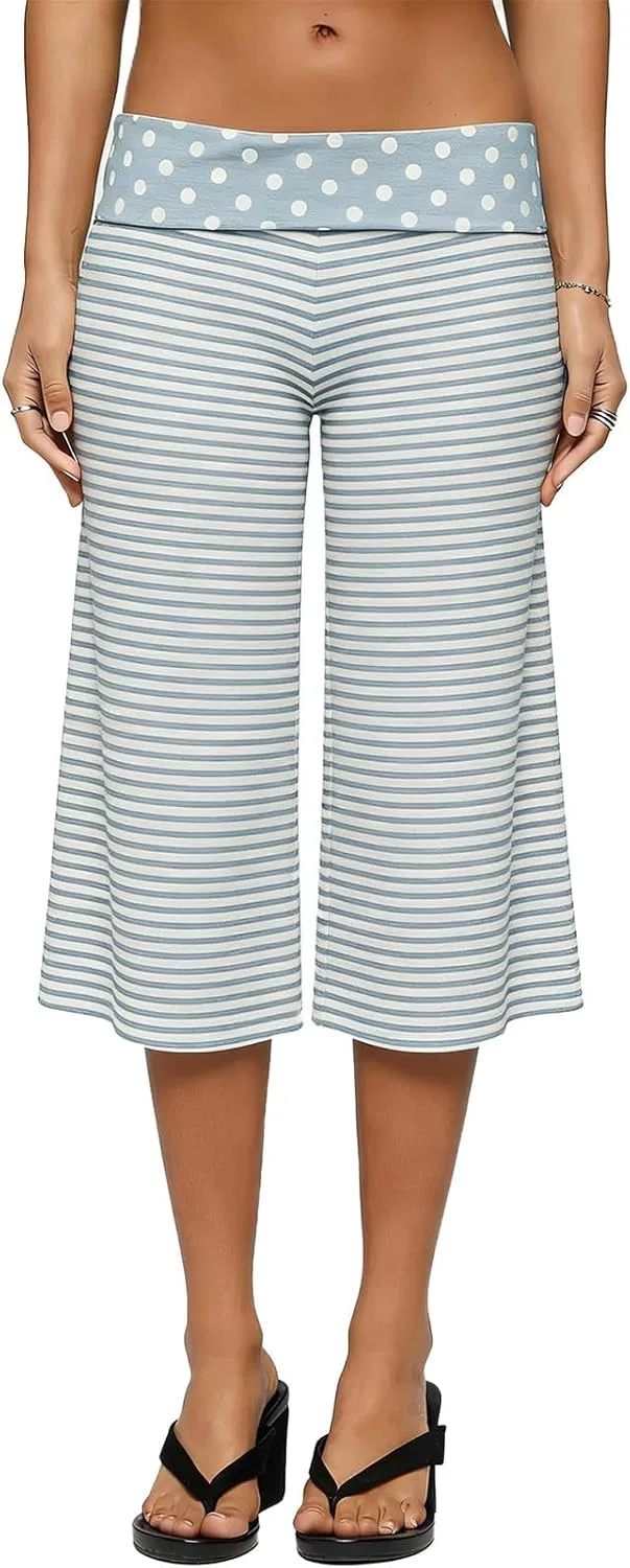 Капри для йоги с широкими штанинами, Low Rise Fold Over, Light Blue