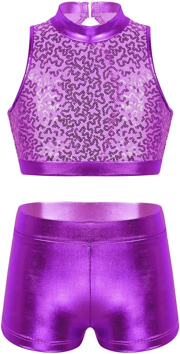 Детский спортивный комплект с пайетками vastwit, топ и шорты, Mock Neck Purple