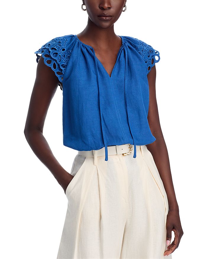 

Блуза с вышивкой, объемными рукавами и разрезом на горловине T Tahari, синий