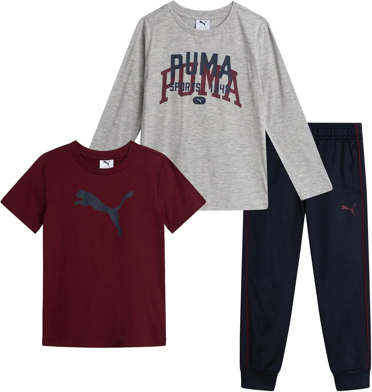 Детский спортивный комплект PUMA для мальчиков - 3 предмета: футболка с коротким рукавом, футболка с длинным рукавом и трикотажные брюки - спортивный комплект для мальчиков, размеры 2T-7, Maroon/Light Grey