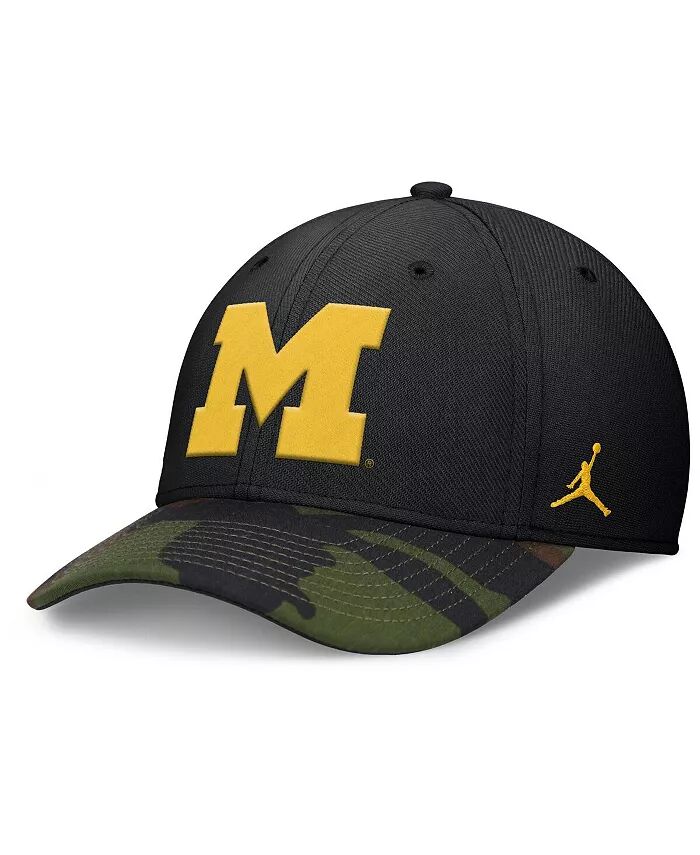 

Мужская черная/камуфляжная кепка Michigan Wolverines 2024 Military Appreciation Rise Swoosh Performance Flex Jordan