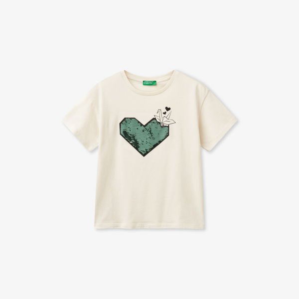 

Хлопковая футболка с вышивкой пайетками 6-14 лет Benetton, экрю