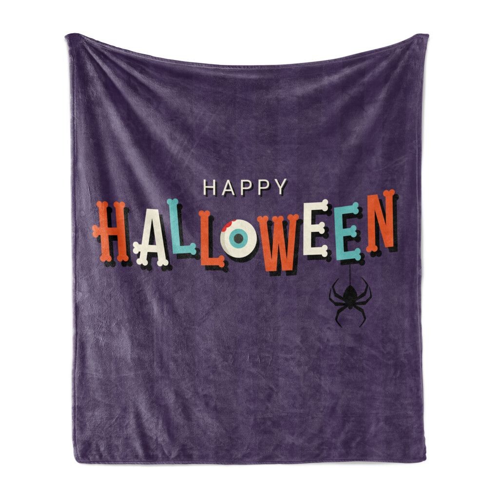 

ABAKUHAUS Halloween Мягкое фланелевое флисовое одеяло, текст в форме буквы в виде кости, жуткого глаза и паука на полосатом фоне, 175 x 230 см, Разноцветный кварц