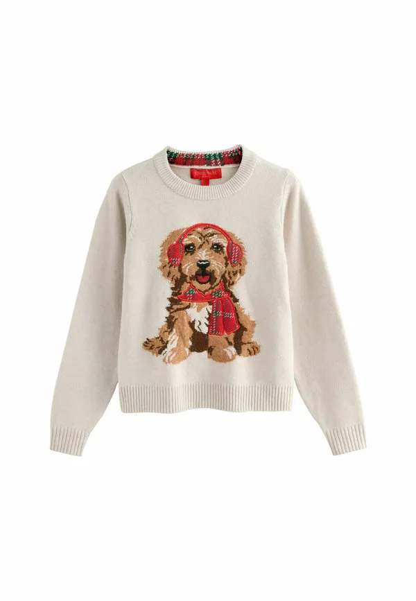 Рождественский джемпер с длинными рукавами, укороченный крой Next, Cream Tartan Dog Graphic