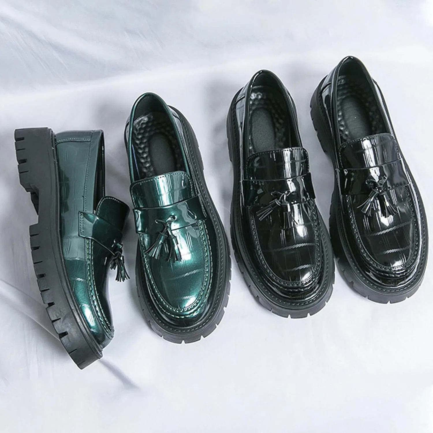 Лоферы кожаные лакированные с декором, без бренда, модель Men's Patent Leather Platform Slip-on Loafers, зеленый WENOREG — фото 3