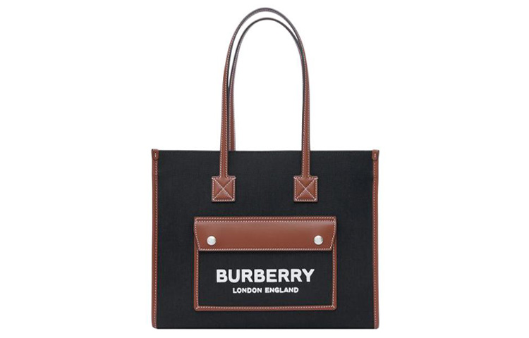 

Burberry Винтажная сумка-тоут из холщовой ткани с телячьей кожей, сумка для покупок, женская сумка-труба, черно-коричневая