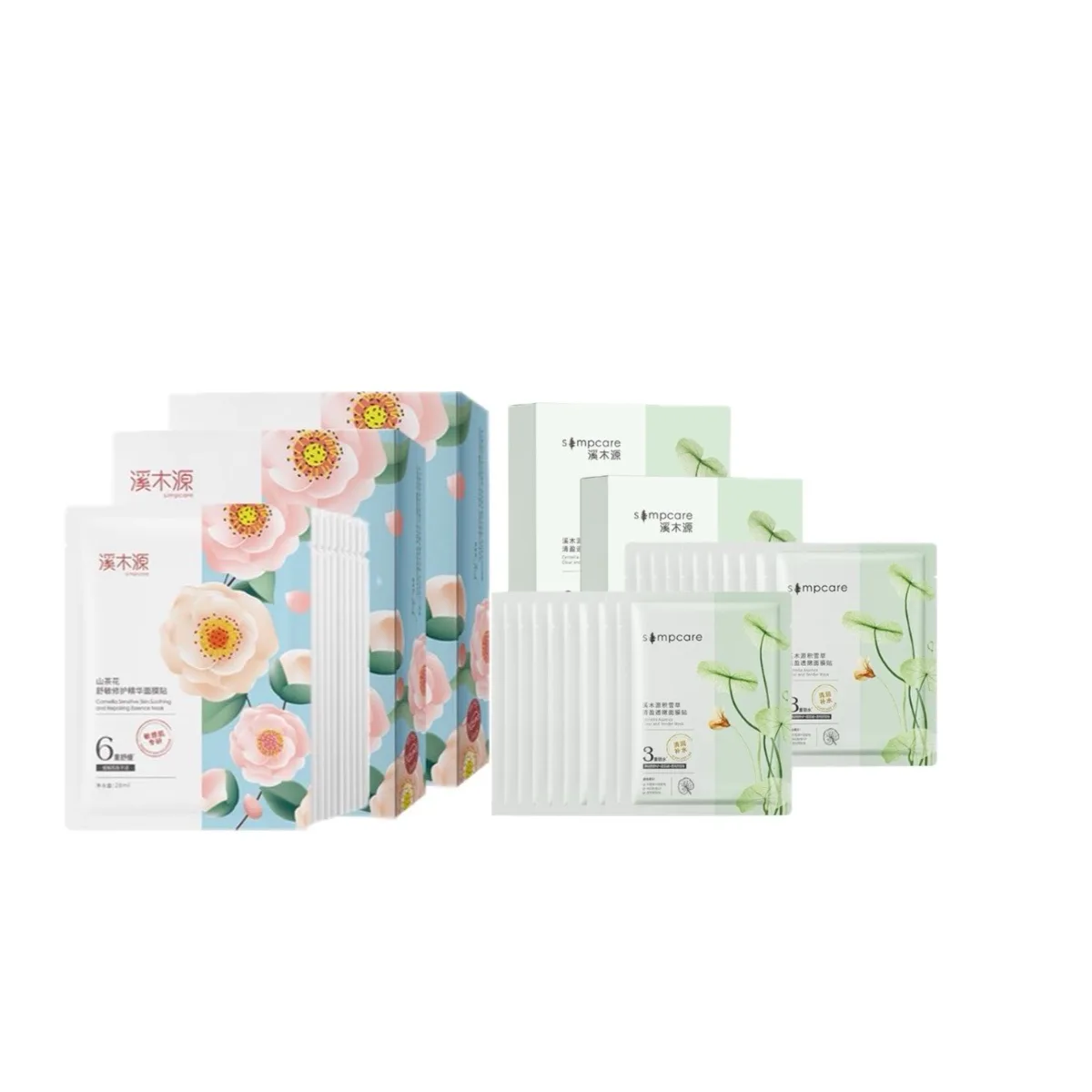 Simpcare Набор масок для лица Camellia+Centella успокаивающие увлажняющие восстанавливающие 20 шт+20 шт, Xi Mu Yuan Shan Camellia Facial Mask 20 Pcs+Centella Asiatica Facial Mask 20 Pcs