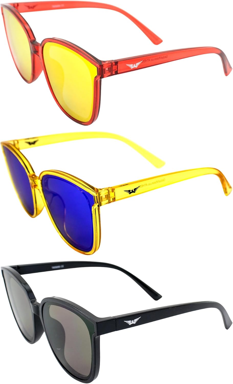 

Солнцезащитные очки Global Vision Eyewear Athena Fashion для женщин, 3 пары: красные с красными зеркальными линзами, желтые с синими зеркальными линзами и черные с дымчатыми линзами, Red-red/Yellow-blue/Black-smoke