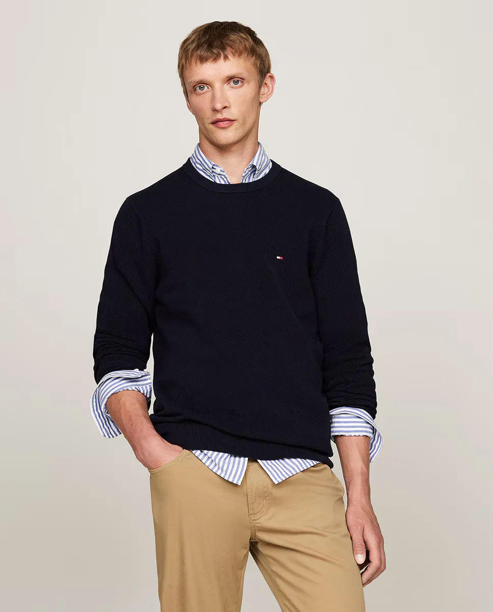 

Мужской свитер в структуре с круглым вырезом Tommy Hilfiger, тёмно-синий