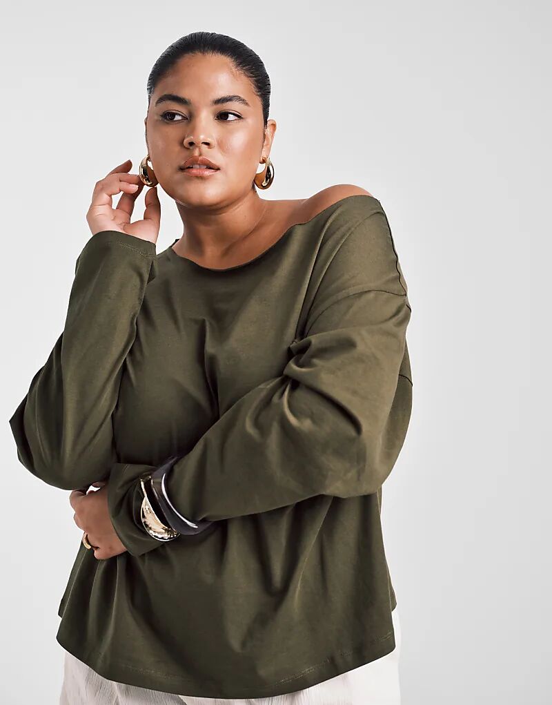 

Лонгслив с длинным рукавом и открытыми плечами ASOS DESIGN Curve темно-оливкового цвета