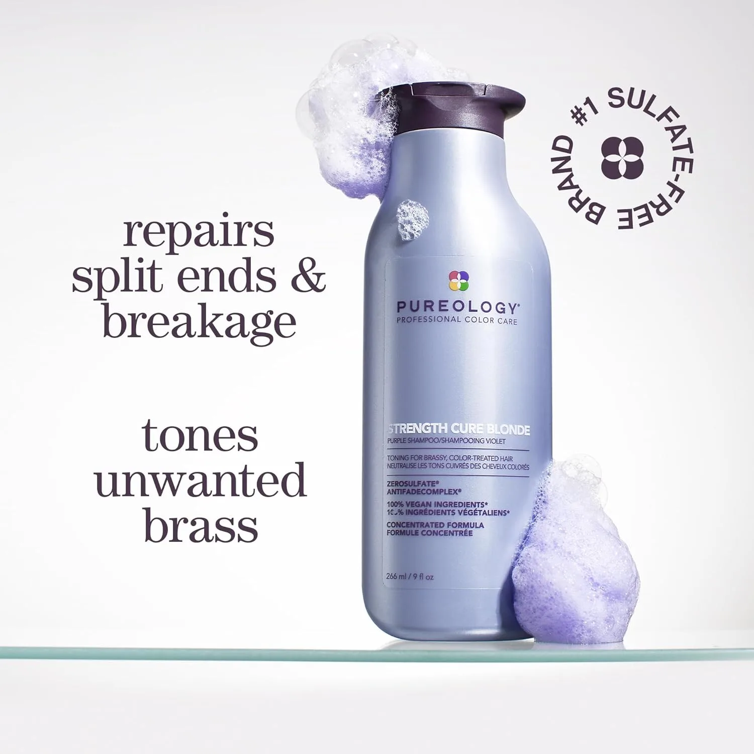 Pureology Strength Cure Blonde Purple Шампунь для блондированных и осветленных волос, нейтрализует желтизну, сульфат-фри и веган 266 мл (.), Purple — фото 2