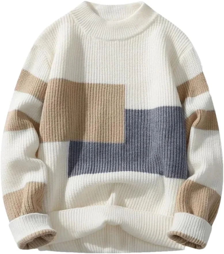 

Мужской свитер с контрастными вставками, толстый, с длинными рукавами и круглым вырезом