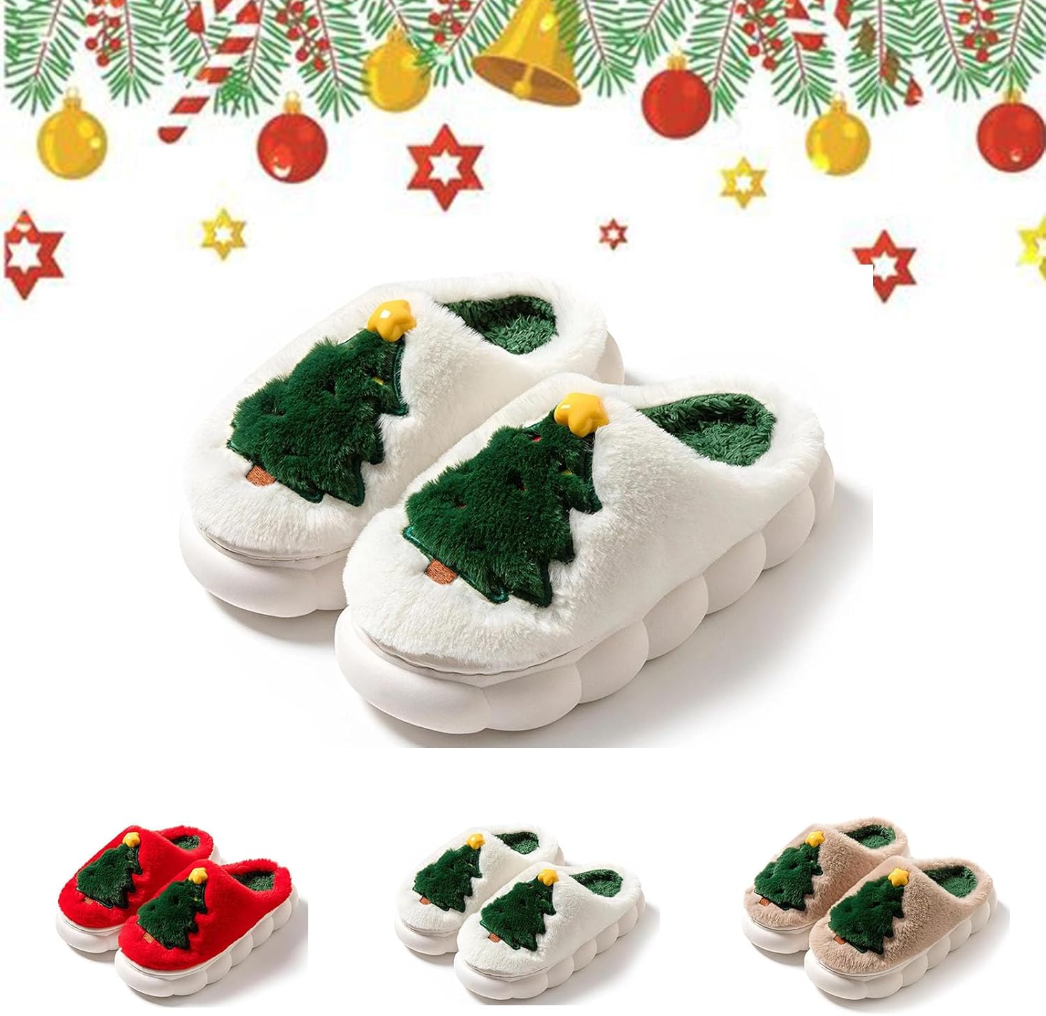 

Рождественские тапочки, зимние милые тапочки в виде елочки, теплые плюшевые уютные забавные тапочки для женщин и мужчин Generic, белый