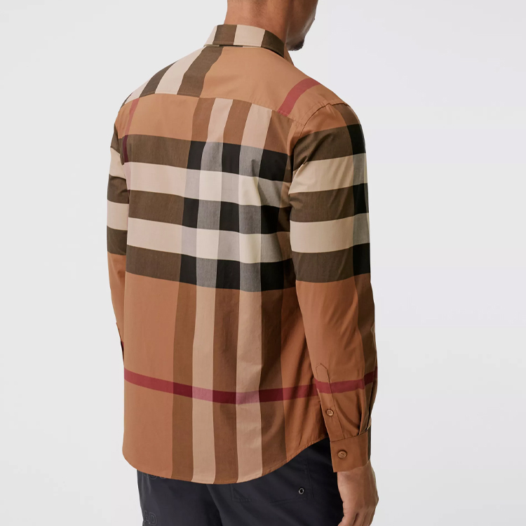 Рубашка Burberry Проверь Стретч Поплин с длинным рукавом, Березовый Коричневый — фото 3