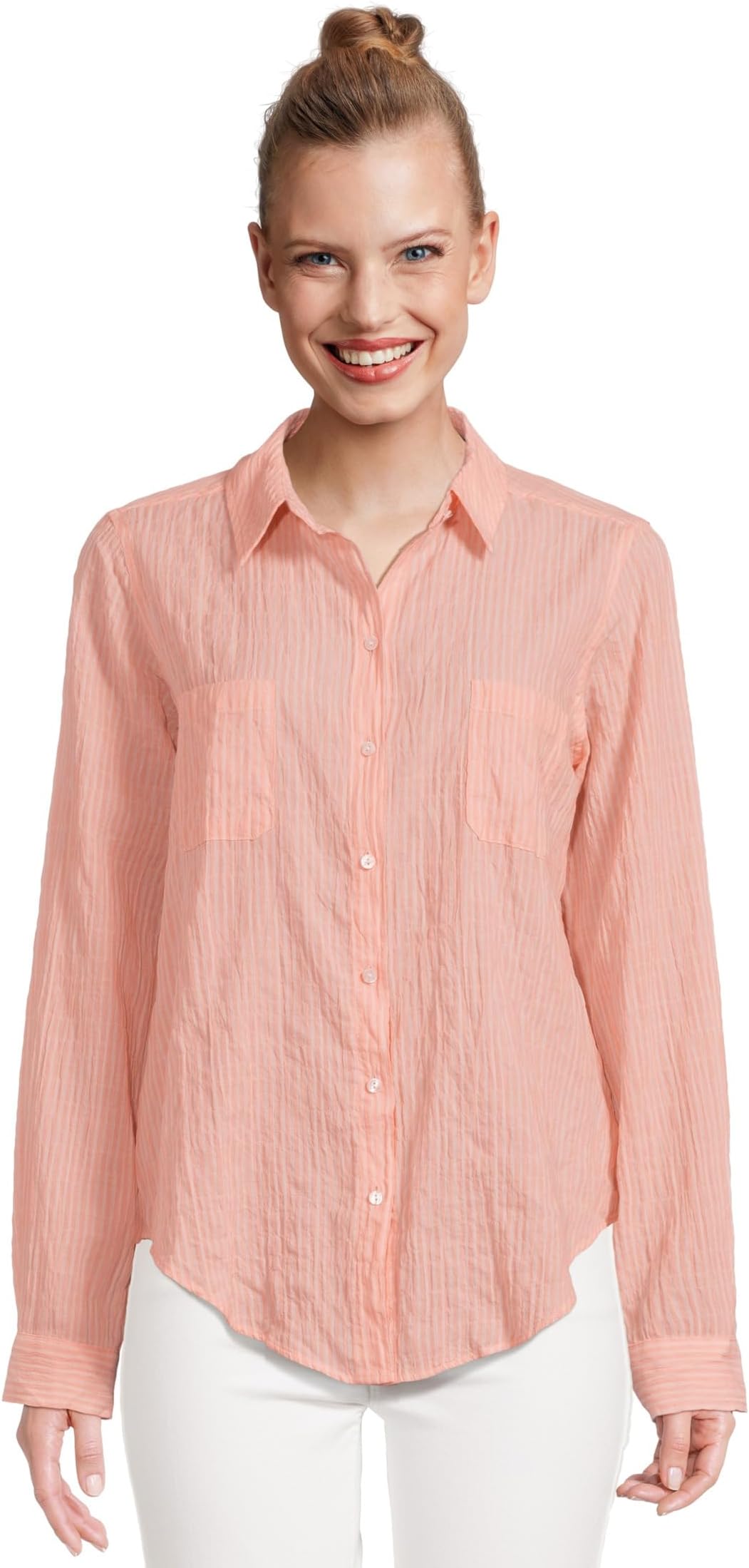 

Женская рубашка на пуговицах с видом на море Lilly Pulitzer, Papaya X Conch Shell Pink Ltwt Oxford Shirting Stripe