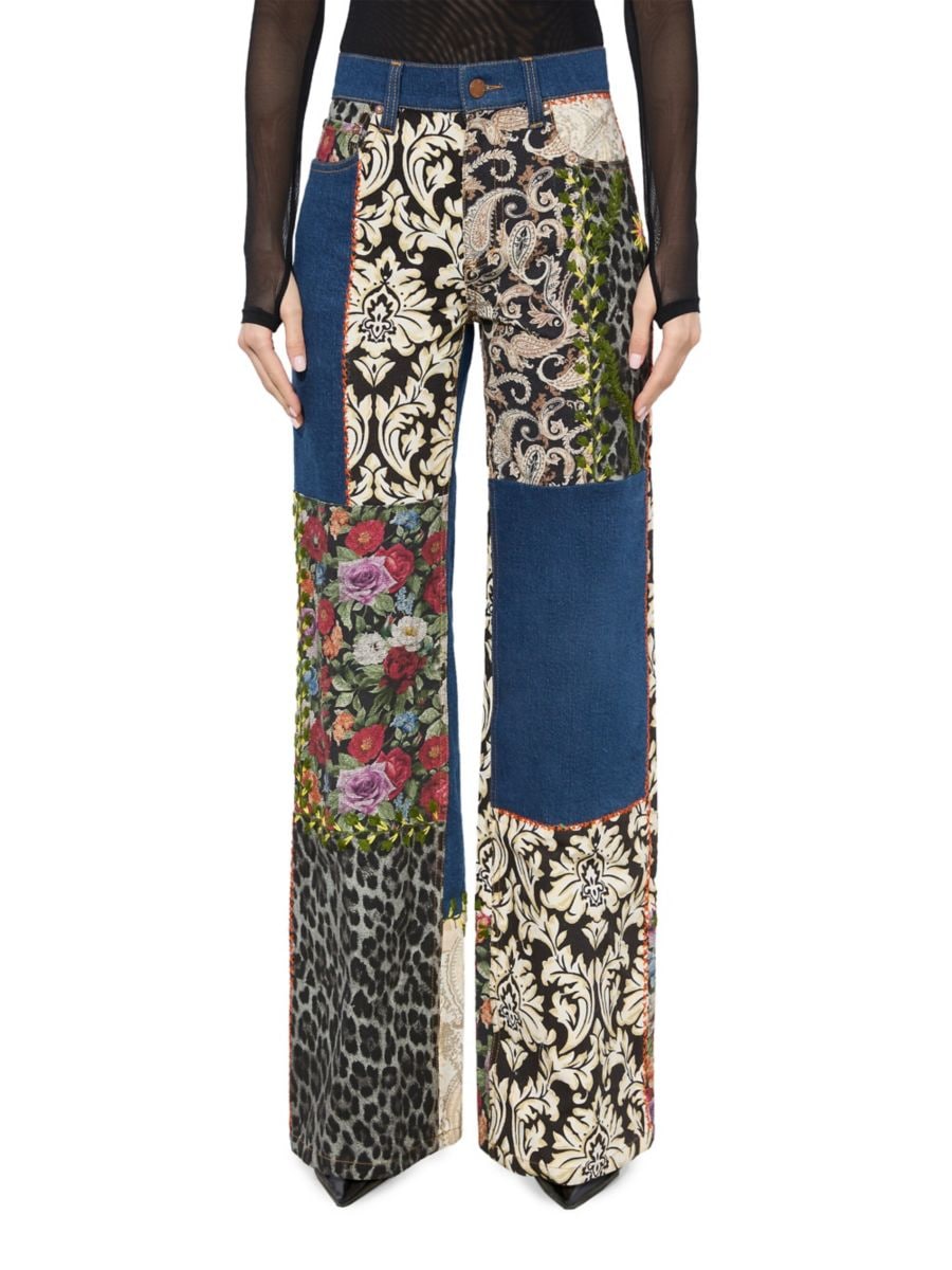 

Джинсы Weezy Mixed-Media Straight Leg Alice + Olivia, цвет Lola Blue Multi