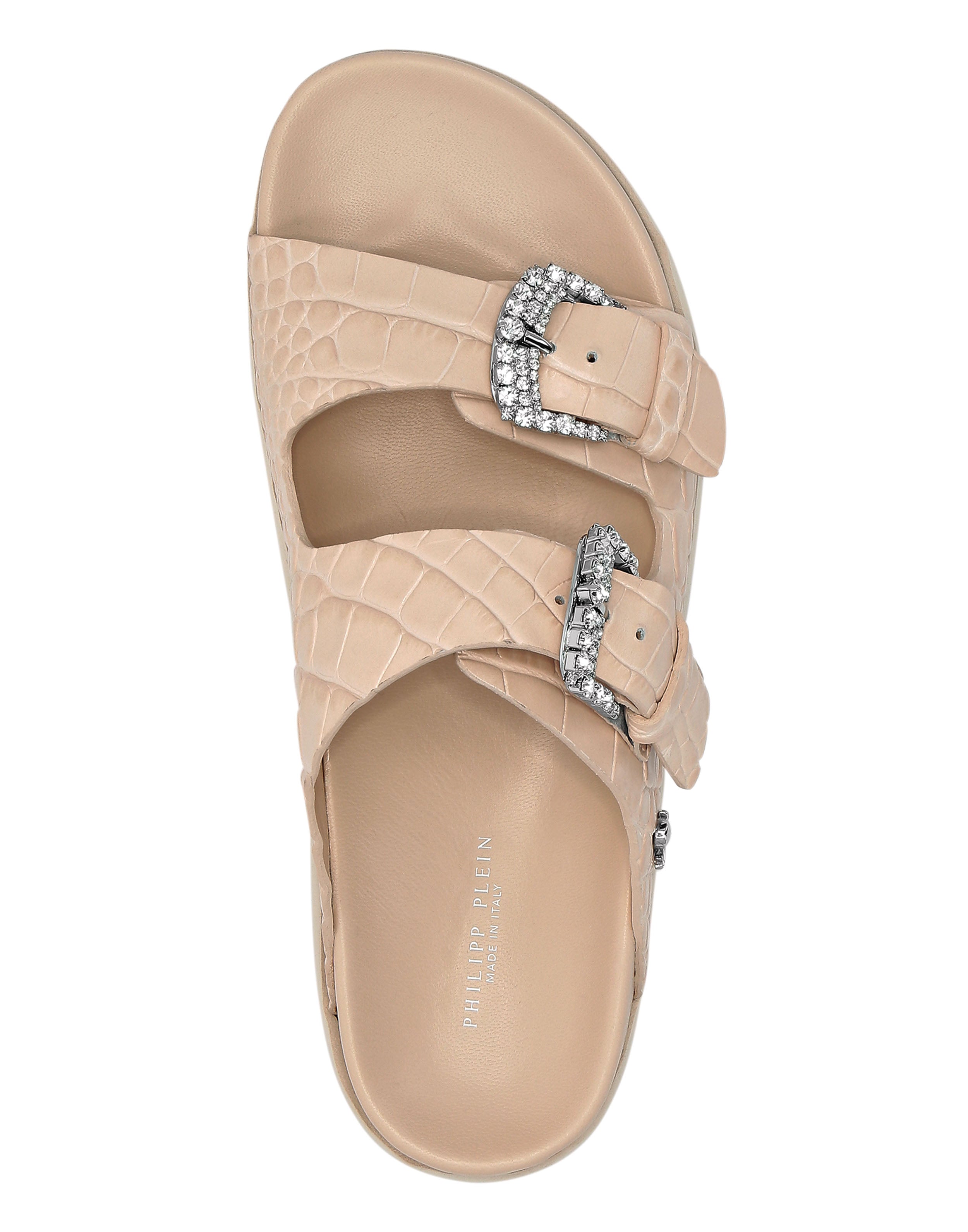Сандалии из кожи с крокодиловым принтом Flat Crystal PHILIPP PLEIN, цвет nude pink — фото 3