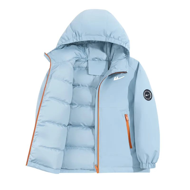 Детская пуховая куртка с капюшоном WARRIOR, Blue/H White Logo K+H Round Logo Left Sleeve Hook-and-Loop K
