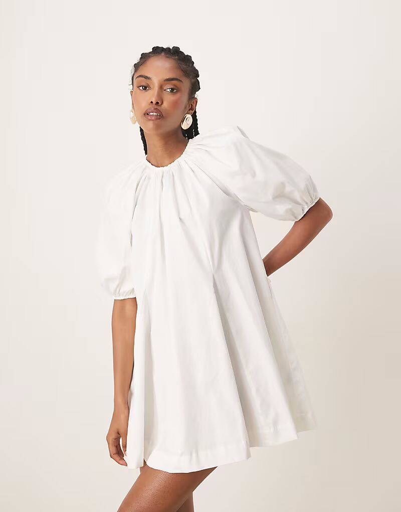 

Мини-платье из хлопкового поплина ASOS DESIGN белого цвета с рукавами-фонариками