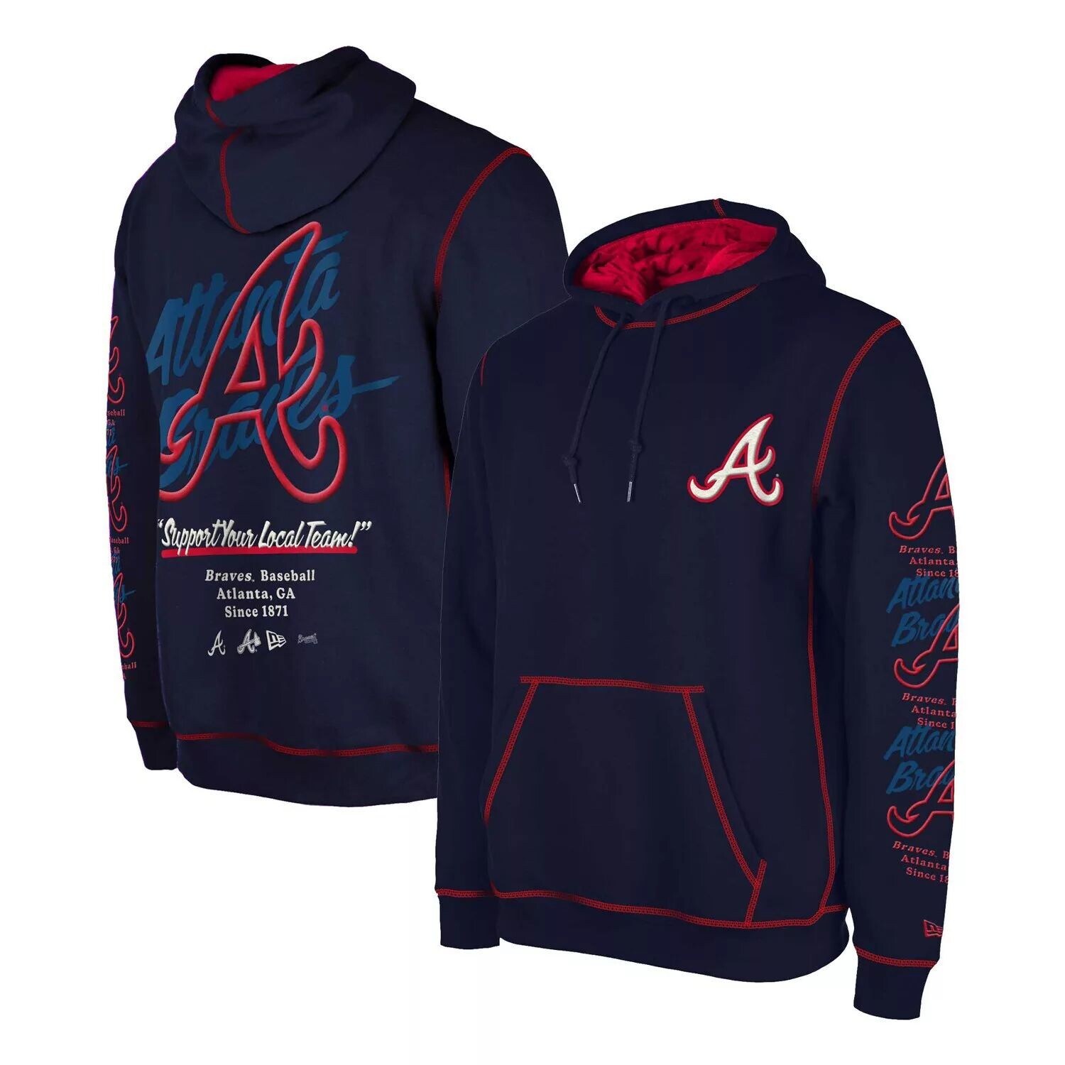 

Мужской темно-синий пуловер с капюшоном Atlanta Braves Team с разрезом New Era