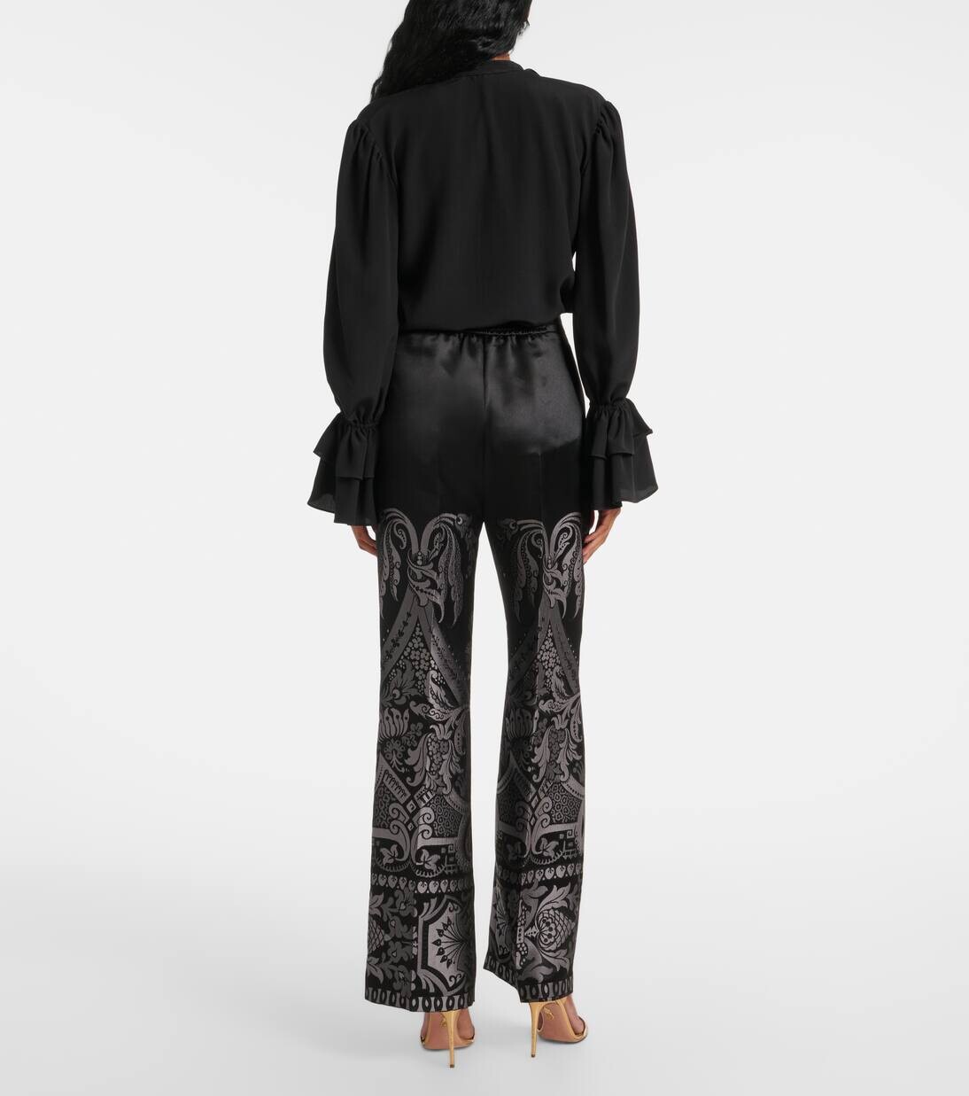 Брюки широкого кроя из смесового шелка с принтом Etro, цвет multicolor on grey base — фото 3