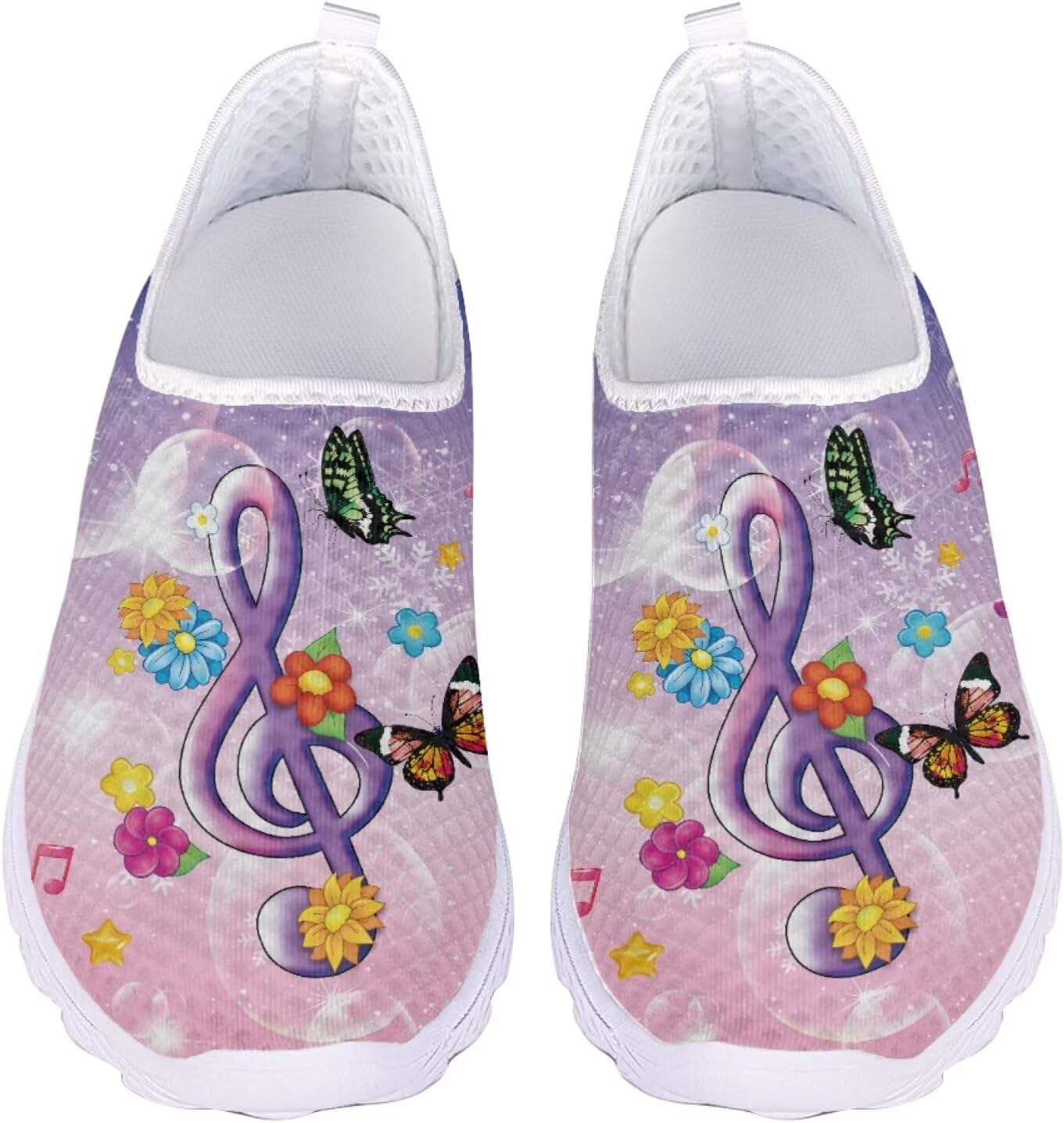 

Кроссовки Jeiento Comfort Slip On для женщин и мужчин с сеткой, дышащие теннисные кроссовки для спорта и бега, повседневные лоферы с бабочкой, Music Note Butterflies